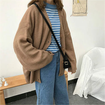 Sweaters Women Knitting Cardigans Casual Spring 2020 V-Neck Long Sleeve Daily Solid Mujer Clothes Single Breasted Brown College